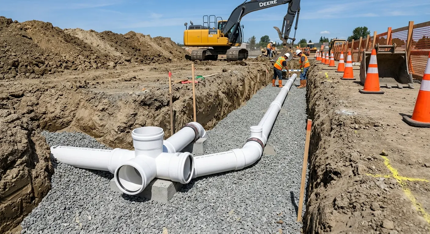 New PVC sewer pipe installation in open trench for Commercial Drain Cleaning in Troy