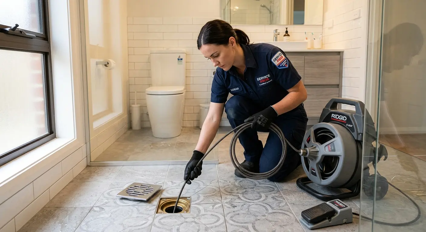 Technician clearing a bathroom floor drain for Clogged Drain Repair in Troy